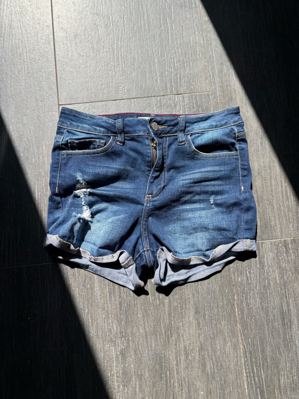 Cello Dark Blue Distressed Rolled-Hem Denim Shorts